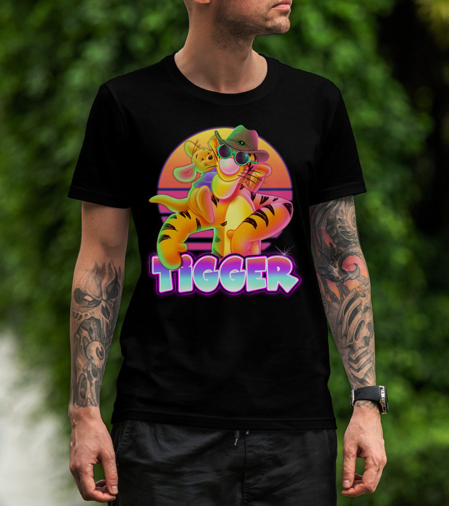 Tigger Retro Sunset Style With Piglet And Cool Hat T-Shirt
