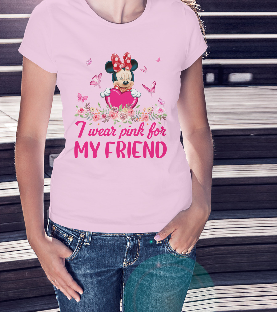 Minnie I Wear Pink For My Friend Floral Heart Butterflies T-Shirt