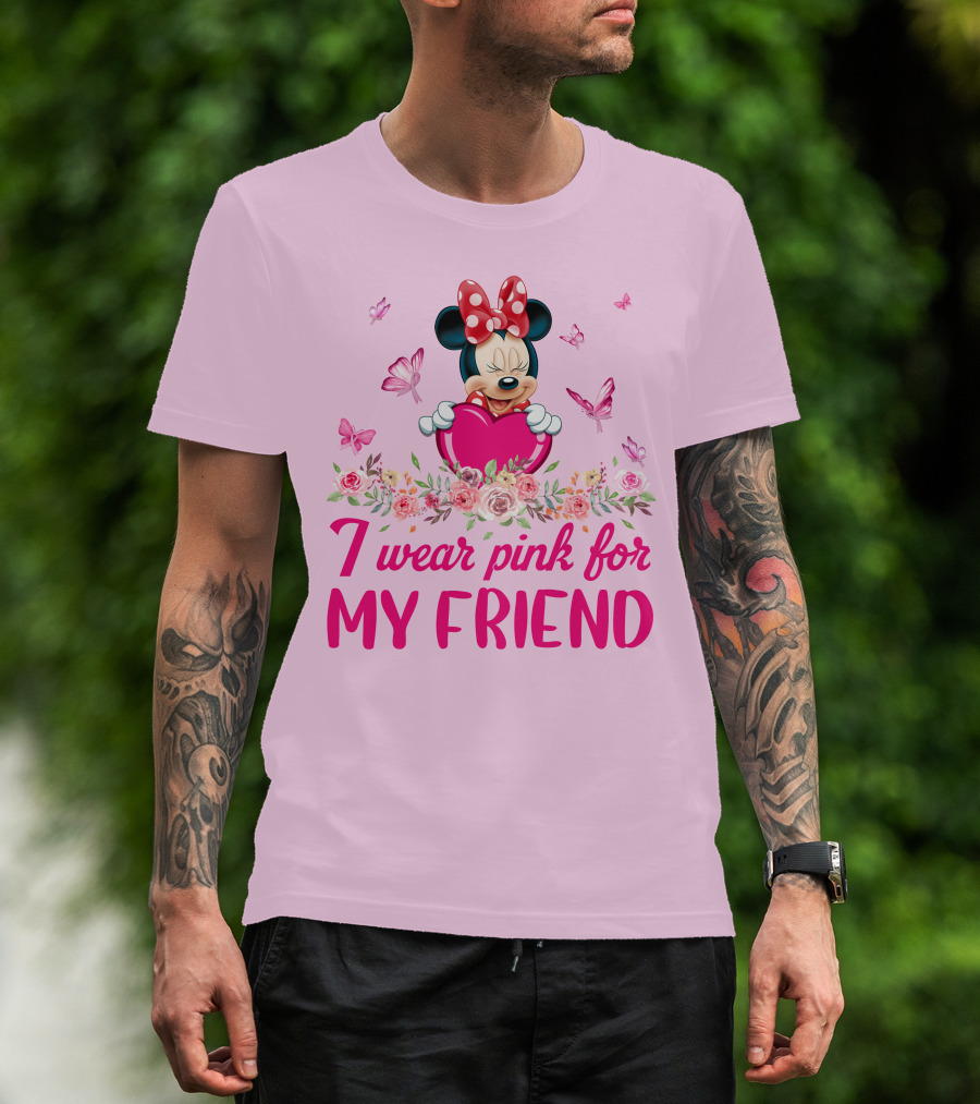 Minnie I Wear Pink For My Friend Floral Heart Butterflies T-Shirt