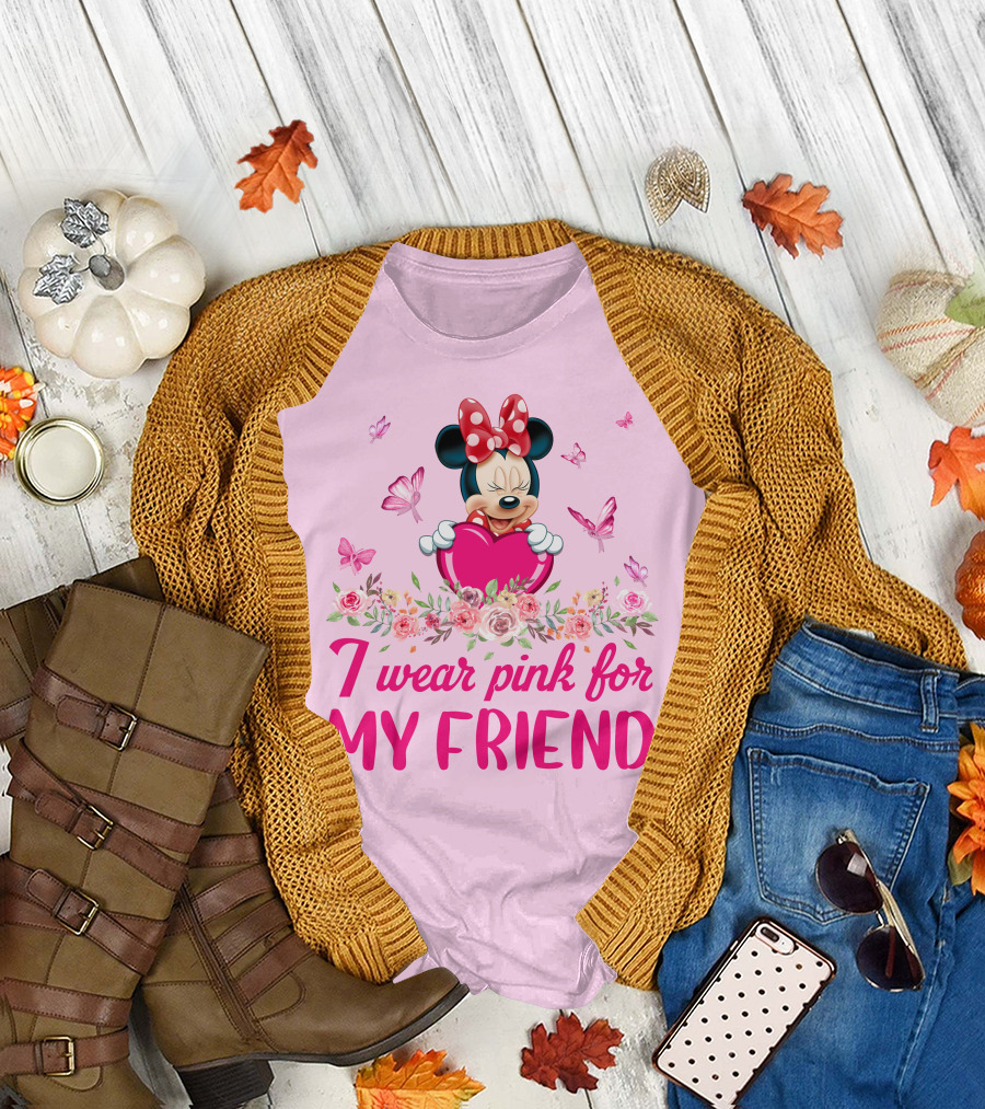 Minnie I Wear Pink For My Friend Floral Heart Butterflies T-Shirt