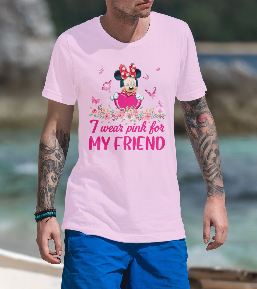 Minnie I Wear Pink For My Friend Floral Heart Butterflies T-Shirt
