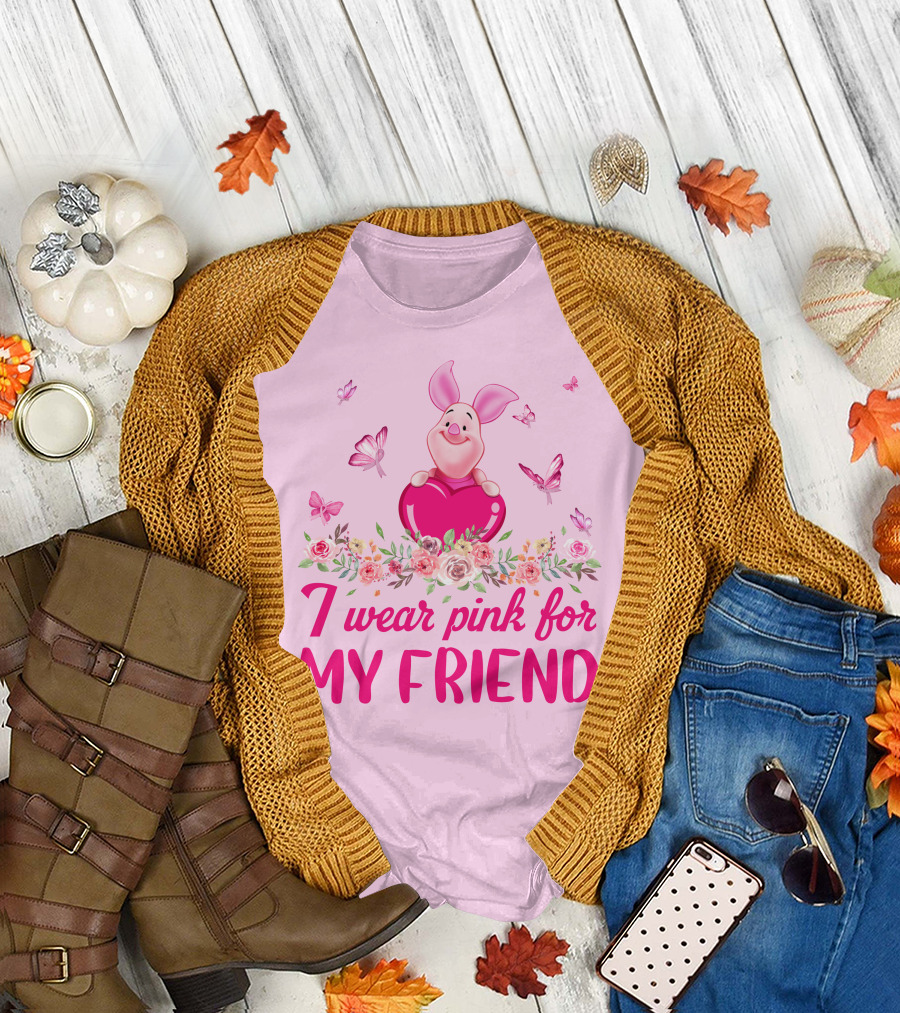 I Wear Pink For My Friend Piglet Floral Butterflies T-Shirt