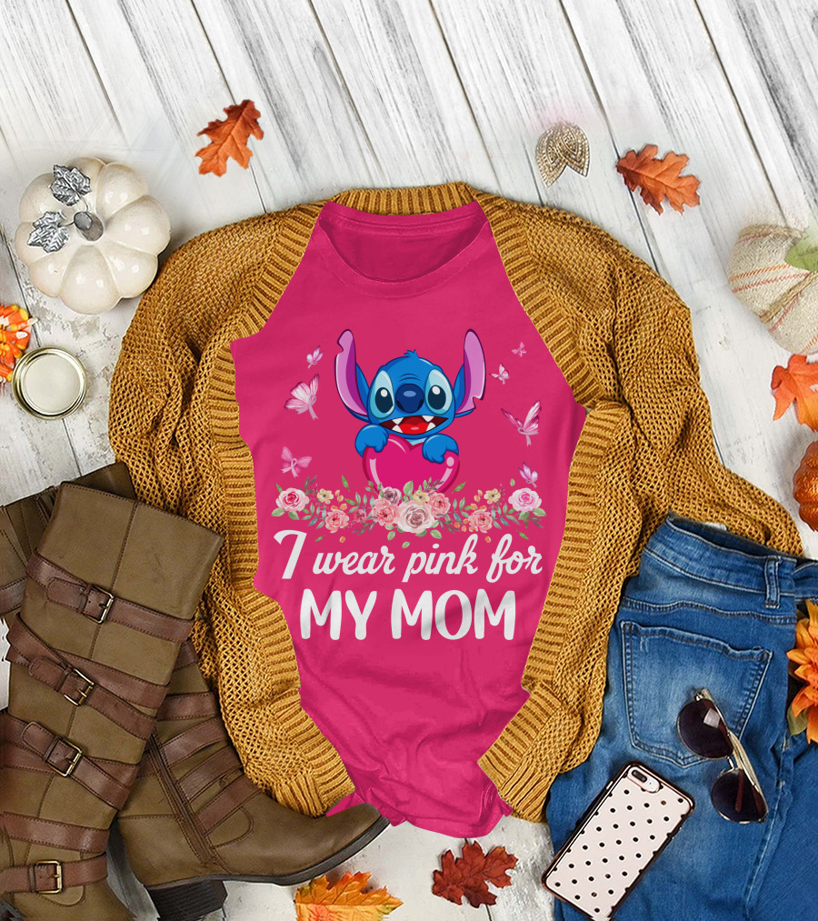 I Wear Pink For My Mom Stitch Floral Butterflies T-Shirt