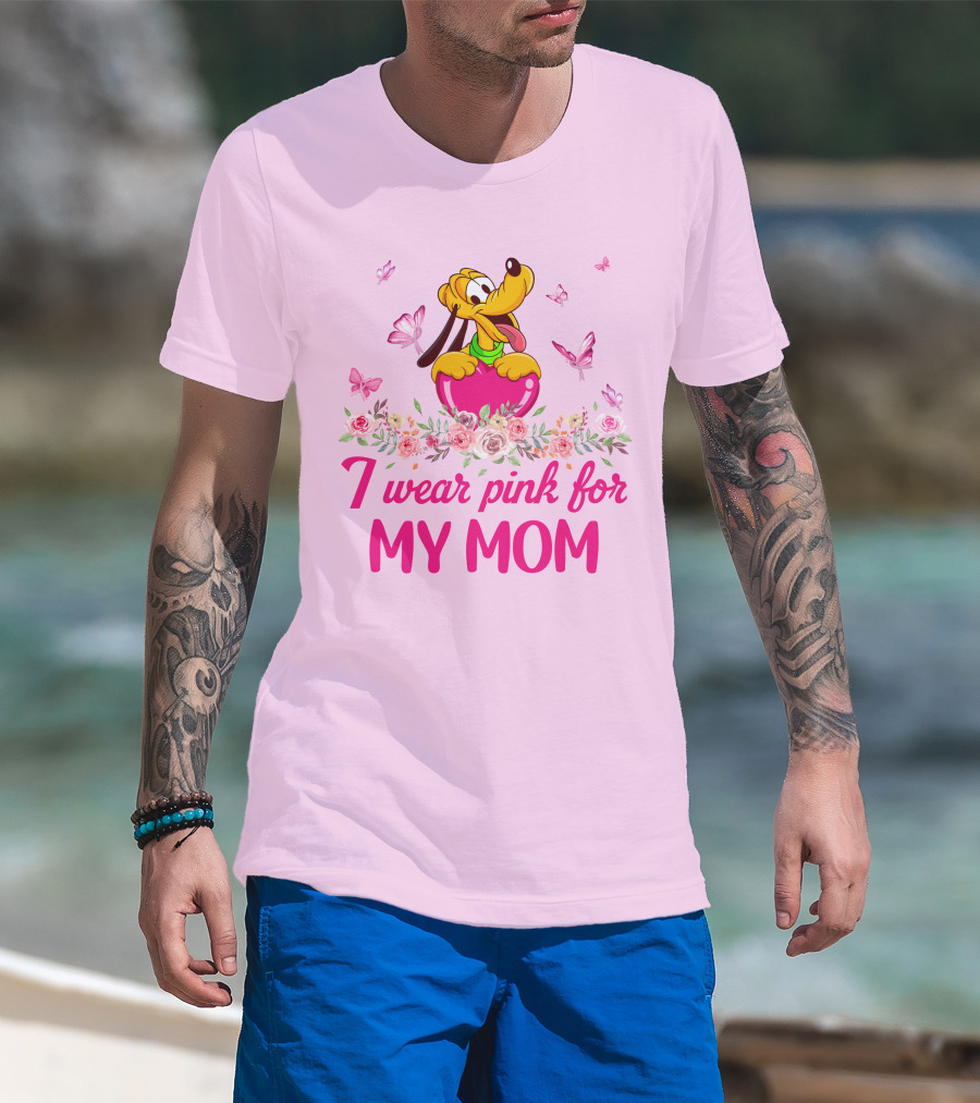 I Wear Pink For My Mom Pluto Floral Butterflies T-Shirt