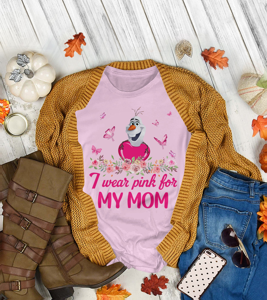 Olaf I Wear Pink For My Mom Butterfly Floral T-Shirt