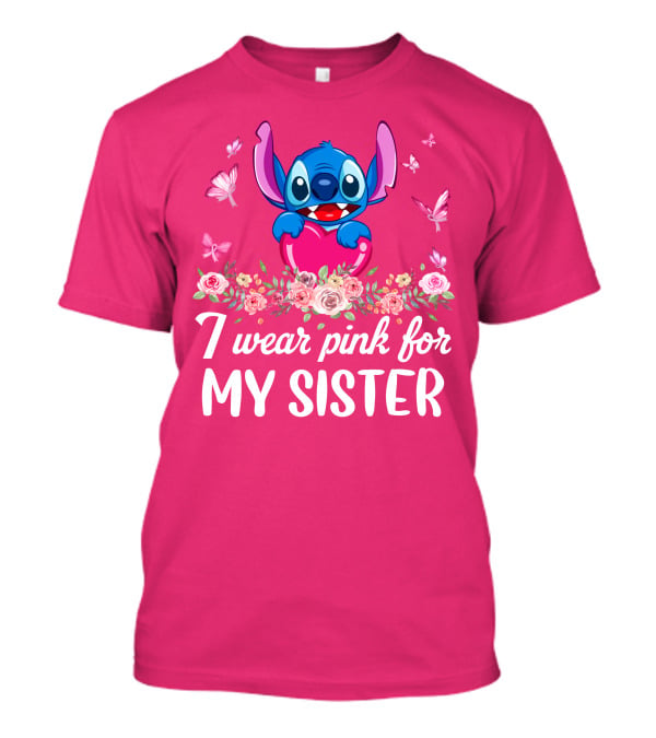 I Wear Pink For My Sister Stitch Butterfly Floral T-Shirt