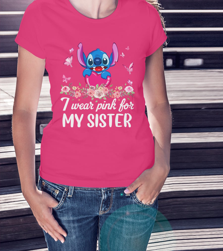 I Wear Pink For My Sister Stitch Butterfly Floral T-Shirt