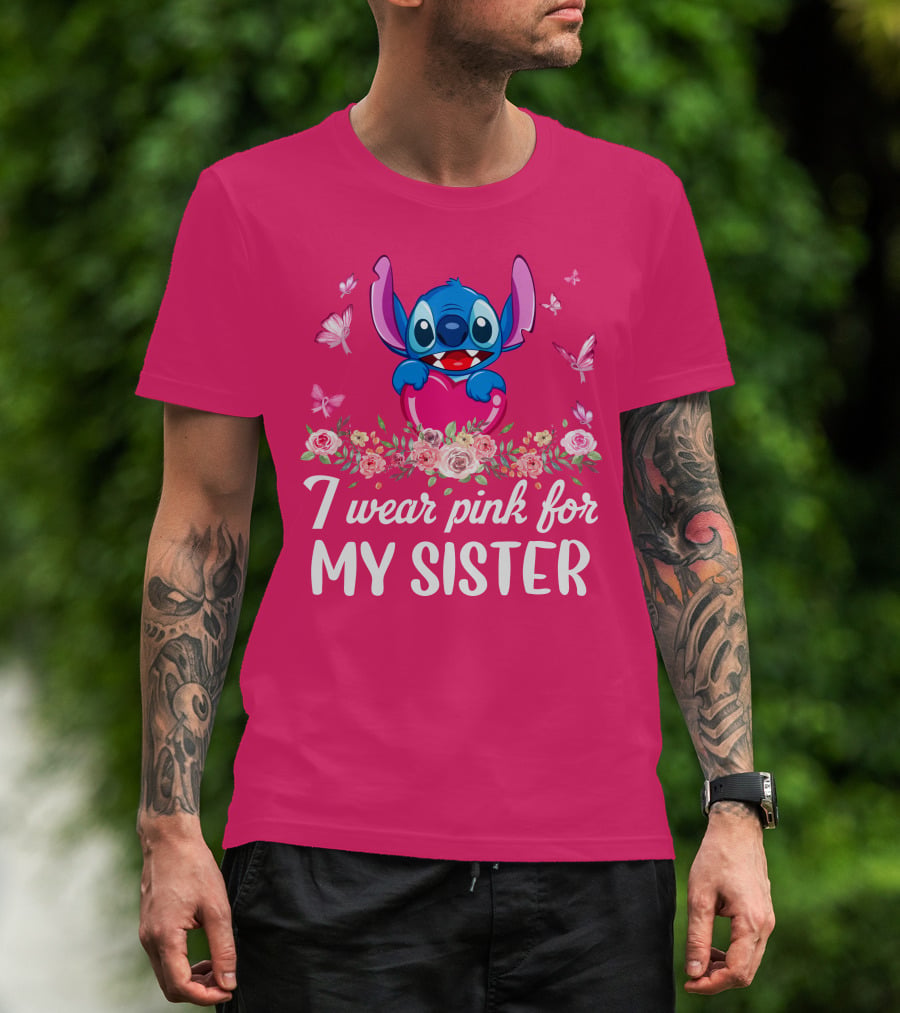 I Wear Pink For My Sister Stitch Butterfly Floral T-Shirt