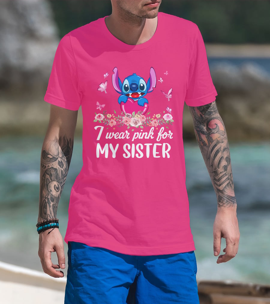 I Wear Pink For My Sister Stitch Butterfly Floral T-Shirt