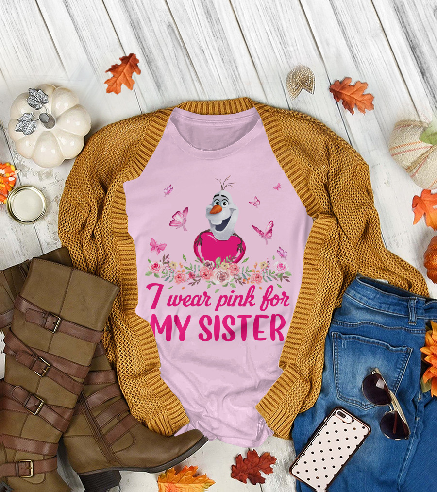 Olaf I Wear Pink For My Sister Butterfly Floral T-Shirt