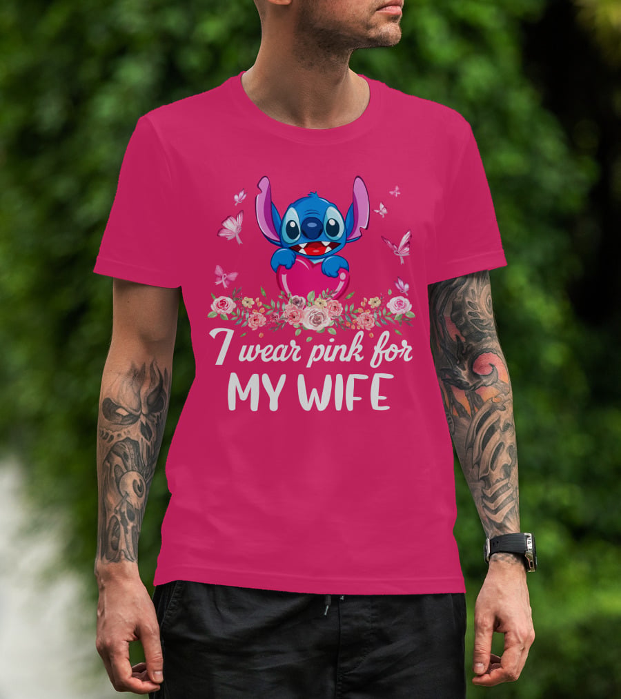 Stitch I Wear Pink For My Wife Butterfly And Floral T-Shirt