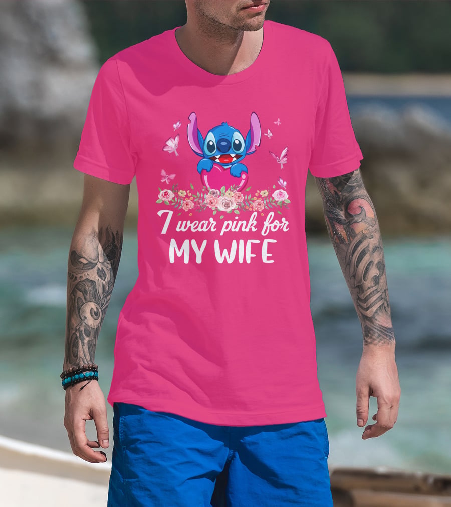 Stitch I Wear Pink For My Wife Butterfly And Floral T-Shirt