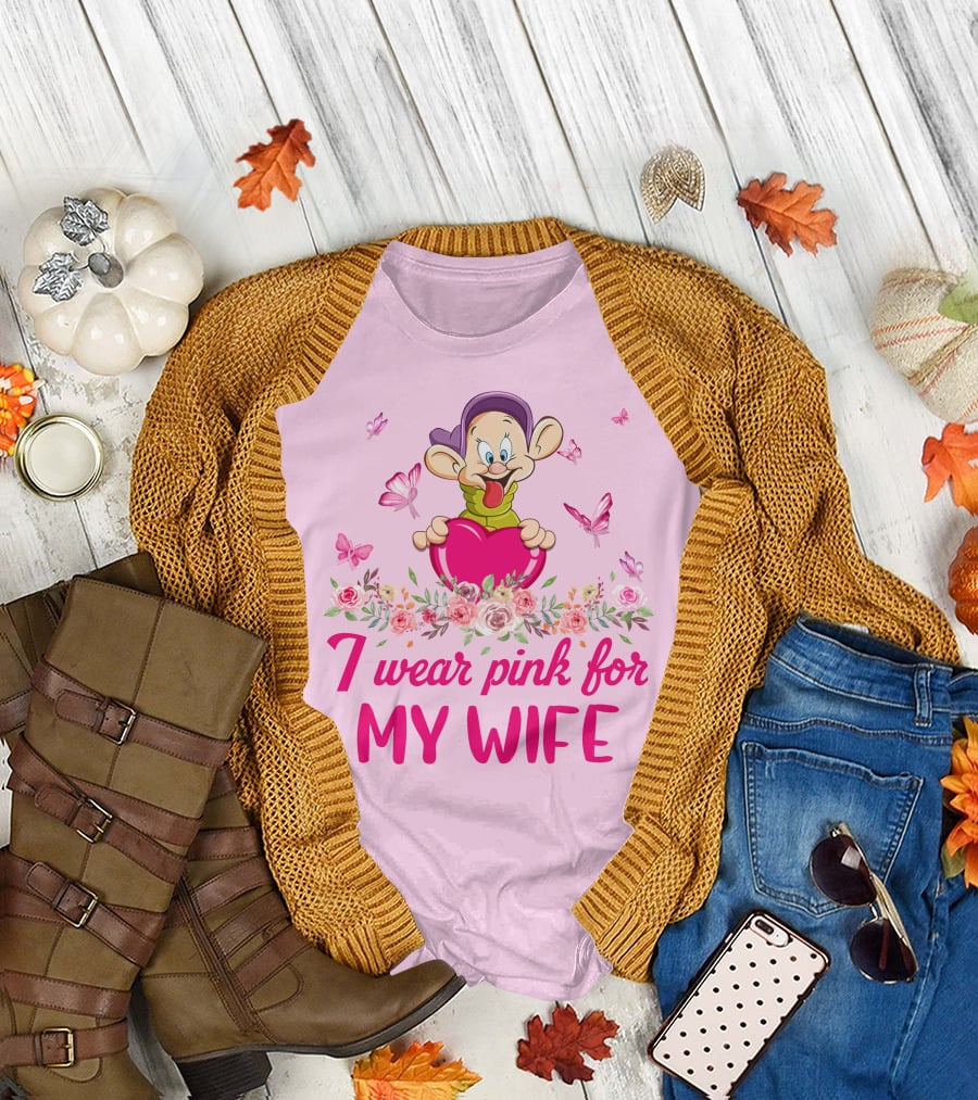 Dopey I Wear Pink For My Wife Butterfly Floral Heart T-Shirt