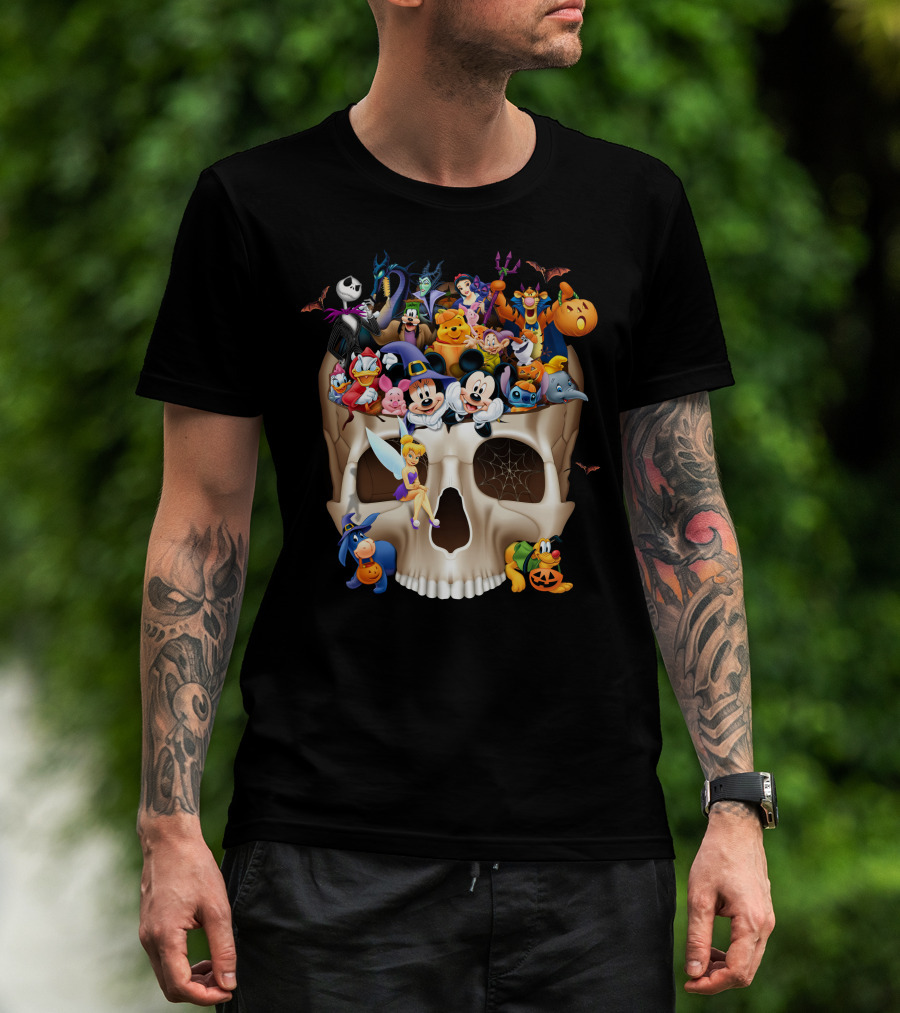 Disney Halloween Skull Characters Mickey Maleficent Jack Skellington Tinker Bell Stitch Donald Goofy T-Shirt