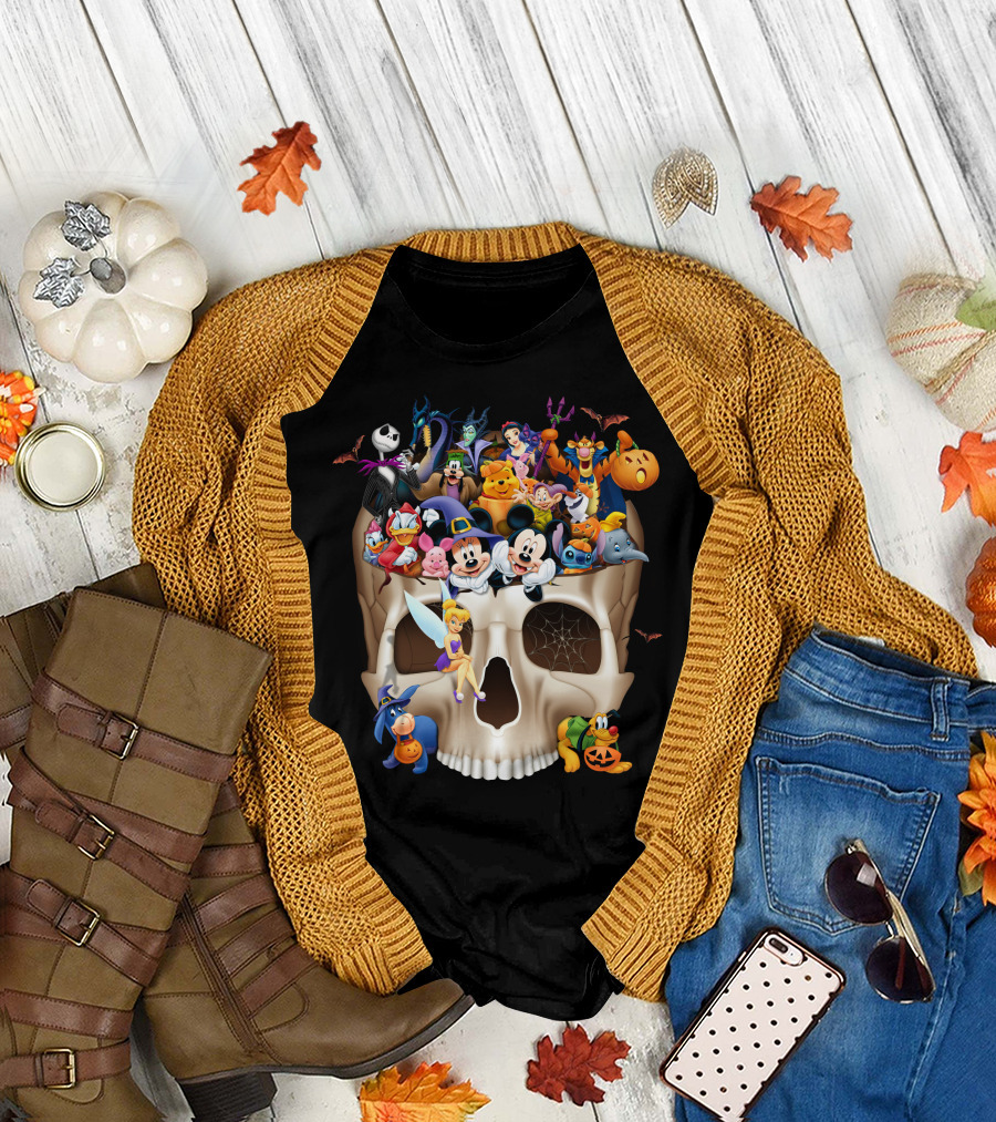 Disney Halloween Skull Characters Mickey Maleficent Jack Skellington Tinker Bell Stitch Donald Goofy T-Shirt