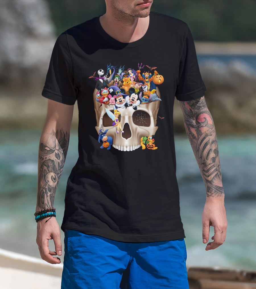 Disney Halloween Skull Characters Mickey Maleficent Jack Skellington Tinker Bell Stitch Donald Goofy T-Shirt