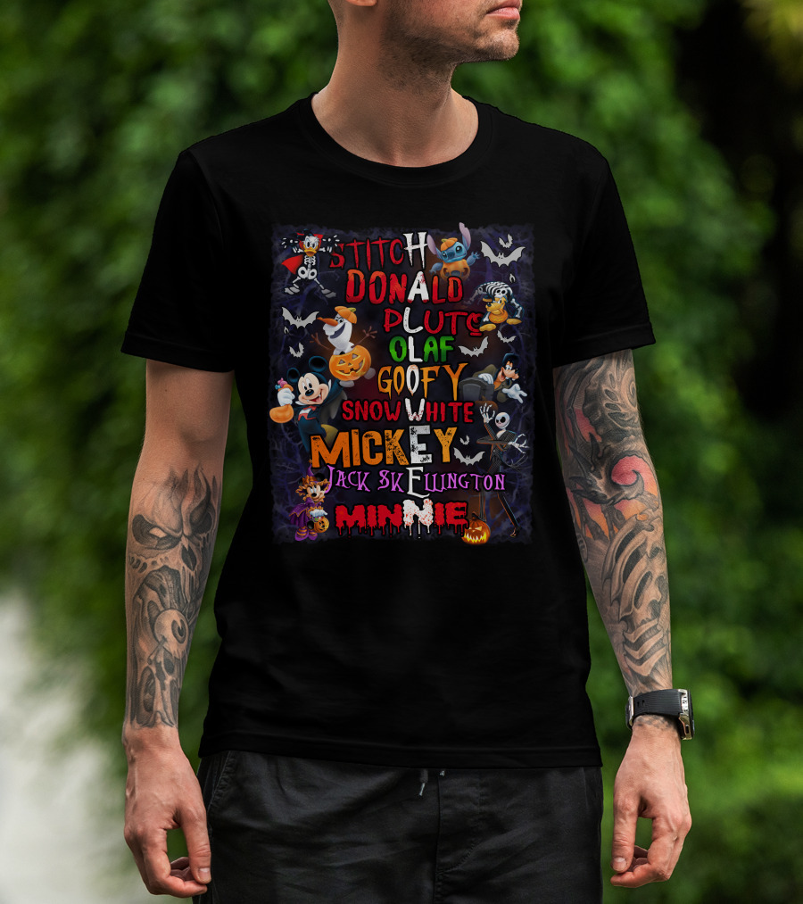 Stitch Donald Pluto Olaf Goofy Snow White Mickey Jack Skellington Minnie Halloween Disney Characters T-Shirt