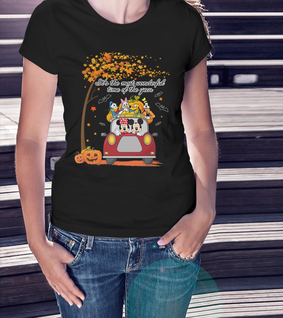 It's The Most Wonderful Time Of The Year Halloween Disney Characters In Car With Pumpkins And Leaves T-Shirt