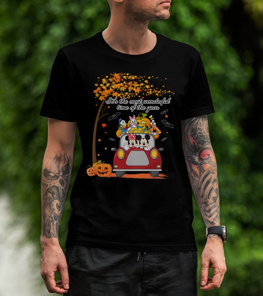 It's The Most Wonderful Time Of The Year Halloween Disney Characters In Car With Pumpkins And Leaves T-Shirt