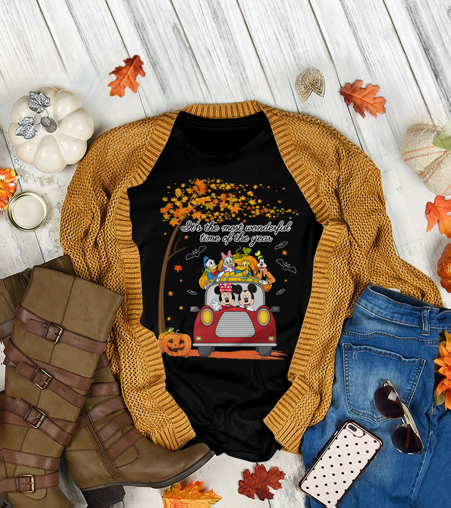 It's The Most Wonderful Time Of The Year Halloween Disney Characters In Car With Pumpkins And Leaves T-Shirt