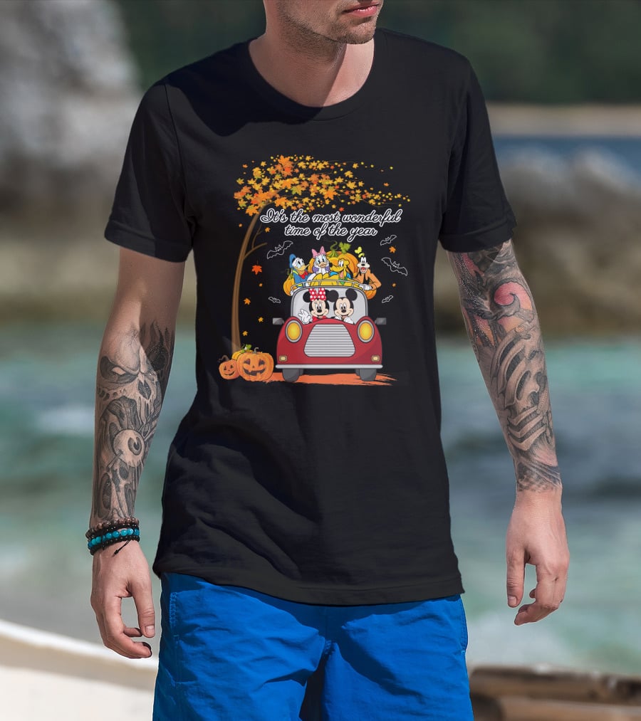 It's The Most Wonderful Time Of The Year Halloween Disney Characters In Car With Pumpkins And Leaves T-Shirt