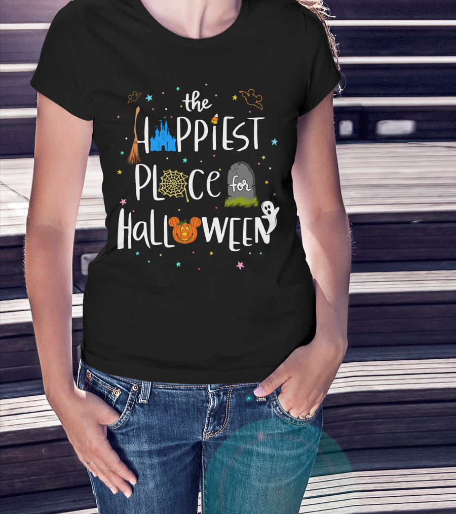 The Happiest Place For Halloween Spooky Castle Mickey Pumpkin Ghost Bats T-Shirt