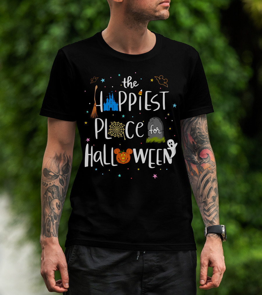 The Happiest Place For Halloween Spooky Castle Mickey Pumpkin Ghost Bats T-Shirt