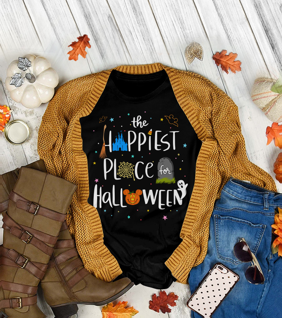 The Happiest Place For Halloween Spooky Castle Mickey Pumpkin Ghost Bats T-Shirt