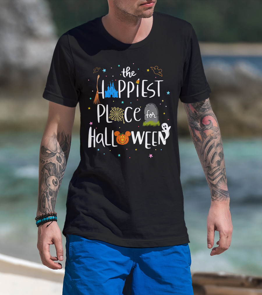 The Happiest Place For Halloween Spooky Castle Mickey Pumpkin Ghost Bats T-Shirt