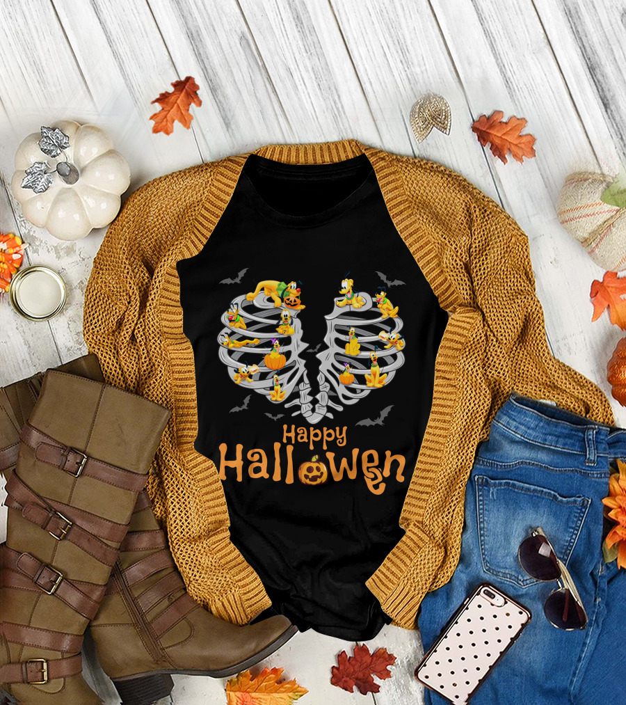Happy Halloween Pluto Dog Skeleton Bats Pumpkin T-Shirt