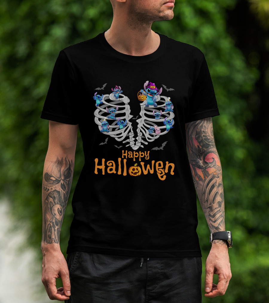 Happy Halloween Stitch Skeleton Ribcage Bats T-Shirt
