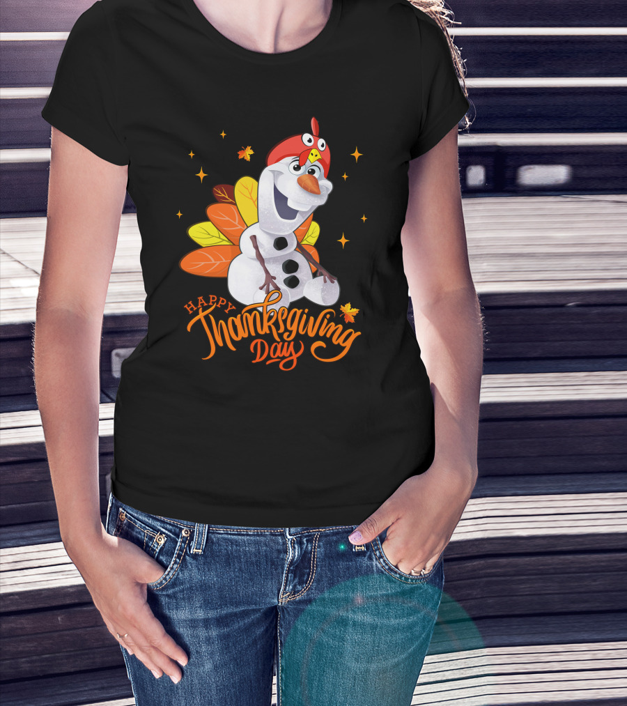 Happy Thanksgiving Day Olaf Snowman With Turkey Leaves And Stars T-Shirt