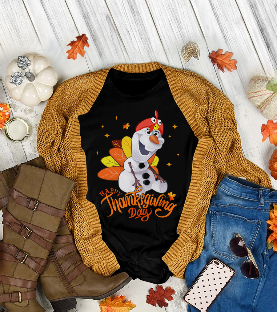 Happy Thanksgiving Day Olaf Snowman With Turkey Leaves And Stars T-Shirt