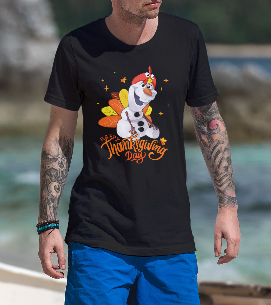 Happy Thanksgiving Day Olaf Snowman With Turkey Leaves And Stars T-Shirt