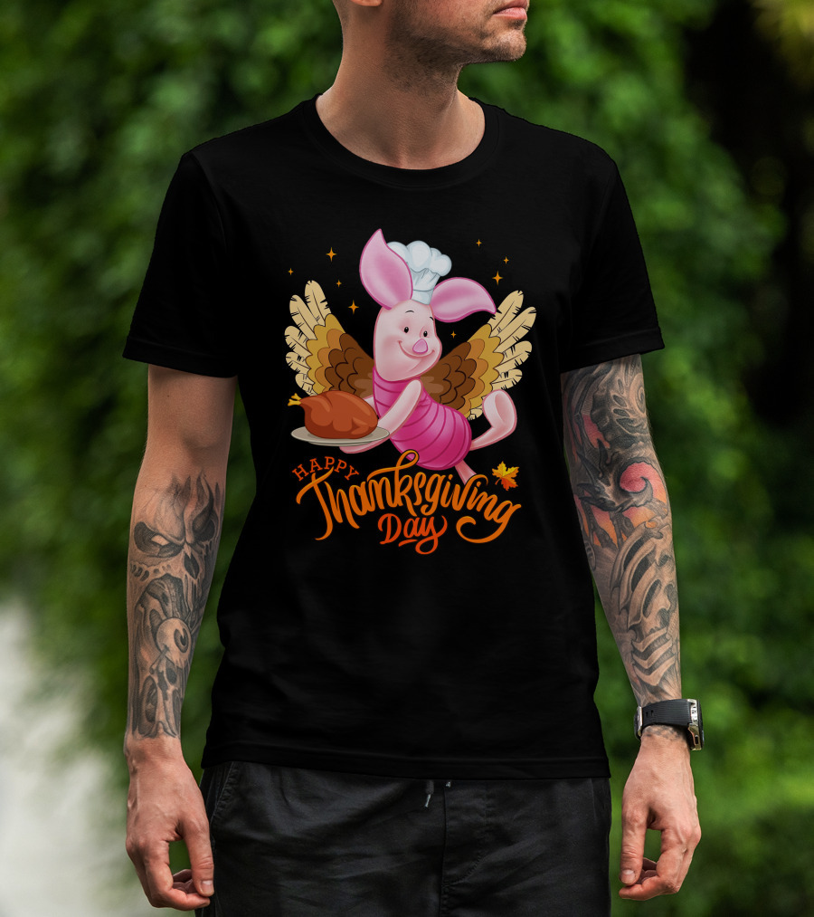 Happy Thanksgiving Day Piglet Chef With Turkey And Wings T-Shirt