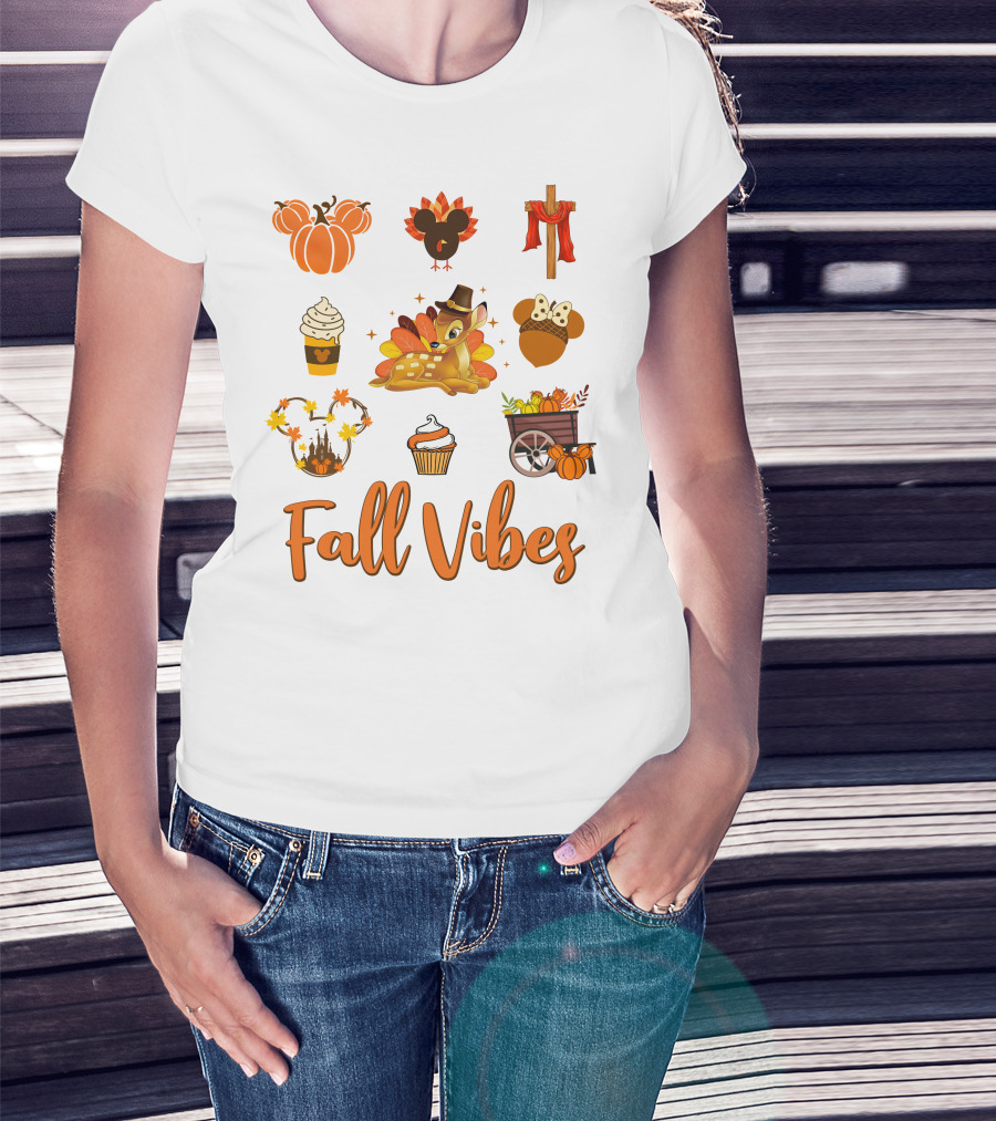 Fall Vibes Bambi Pumpkin Coffee Castle Mickey Ears Thanksgiving T-Shirt