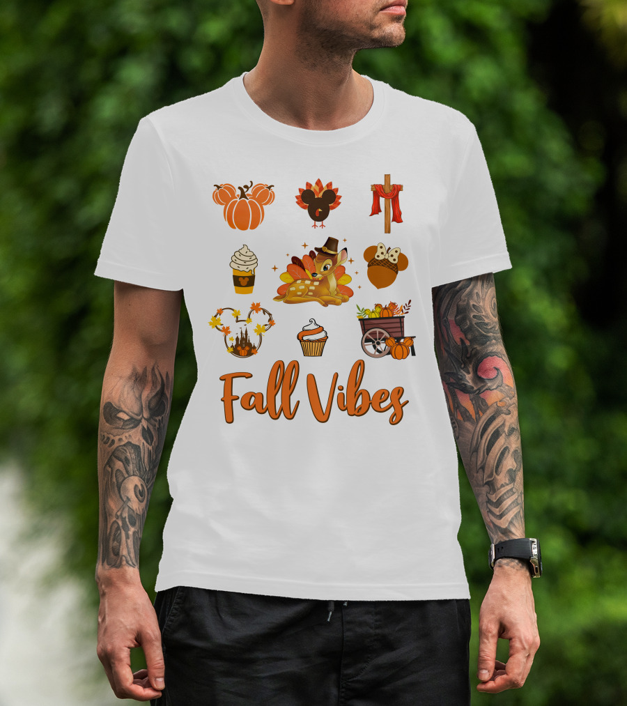 Fall Vibes Bambi Pumpkin Coffee Castle Mickey Ears Thanksgiving T-Shirt
