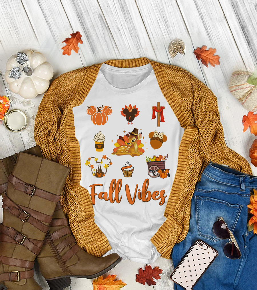 Fall Vibes Bambi Pumpkin Coffee Castle Mickey Ears Thanksgiving T-Shirt