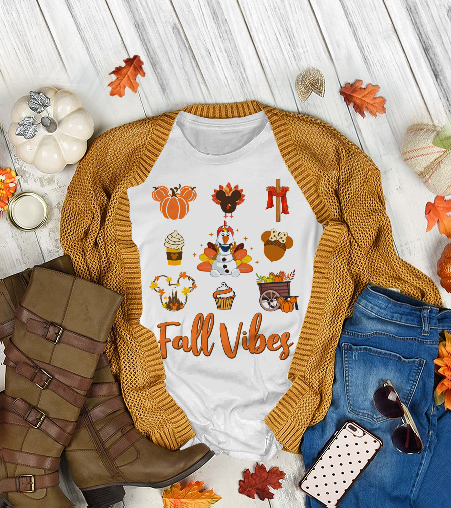 Fall Vibes Olaf Pumpkin Mickey Ears Turkey Cupcake T-Shirt
