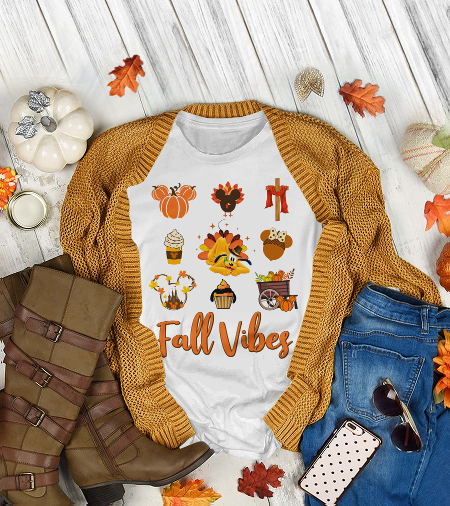 Fall Vibes Mickey Mouse Pumpkin Cupcake Autumn Pluto T-Shirt