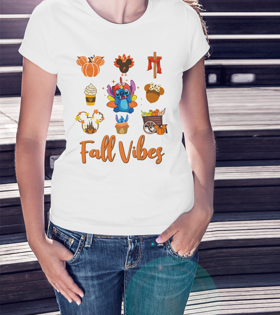 Stitch Fall Vibes Pumpkin Mickey Cupcake Autumn Cart Wagon Disney T-Shirt