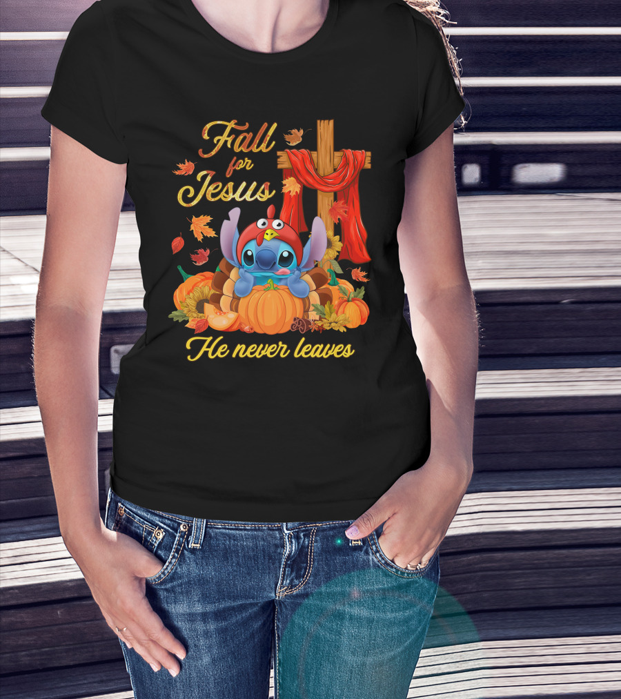 Fall For Jesus He Never Leaves Stitch Pumpkin Cross Autumn T-Shirt