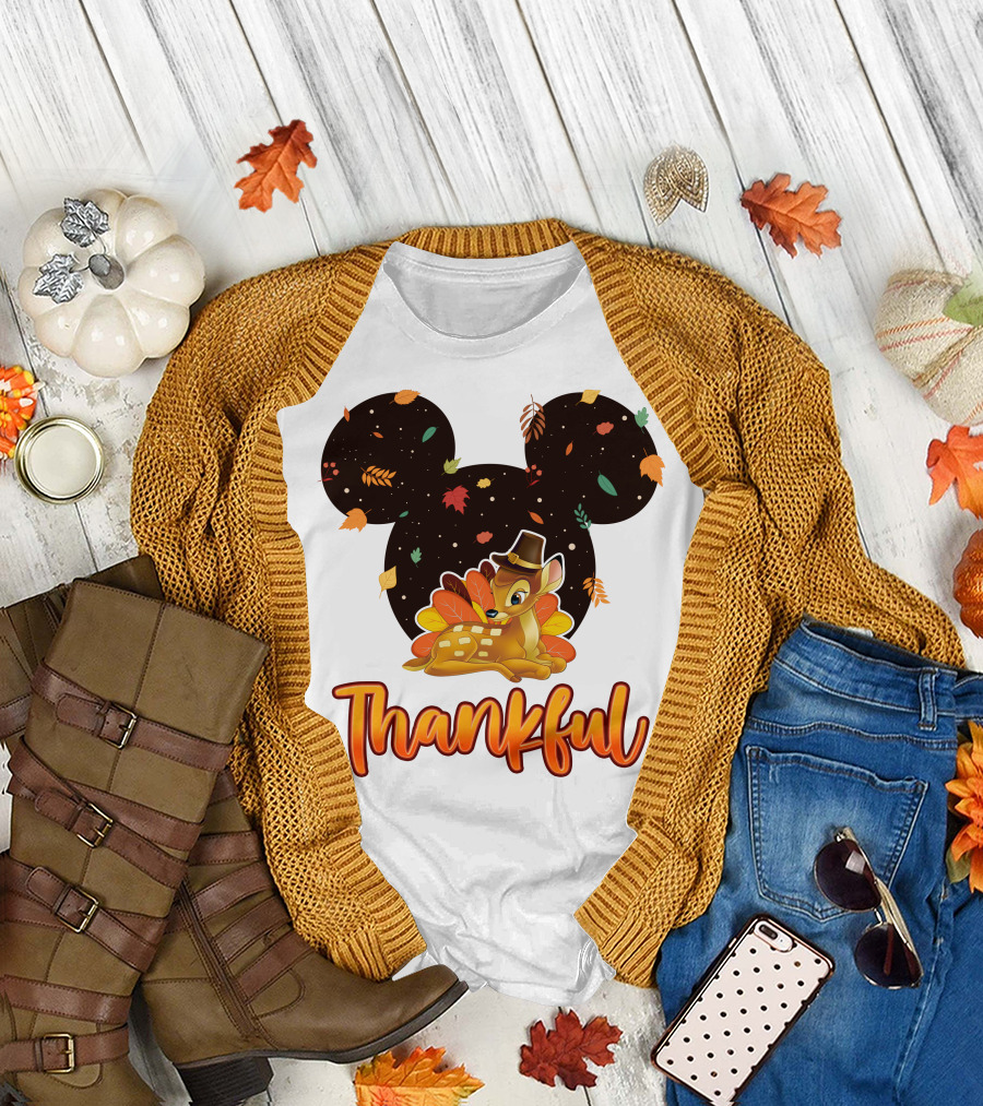 Bambi Thankful Autumn Leaves Mickey Ears T-Shirt