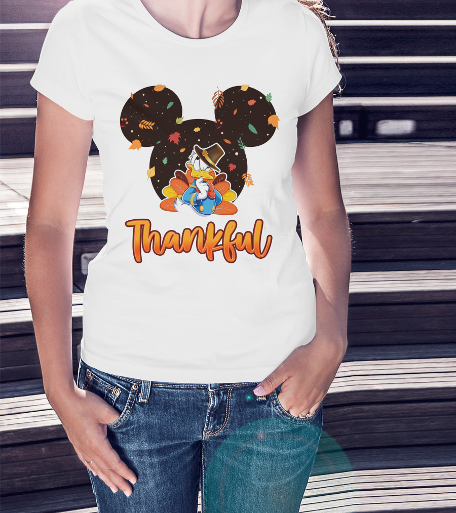 Thankful Donald Duck Mickey Ears Fall Leaves T-Shirt