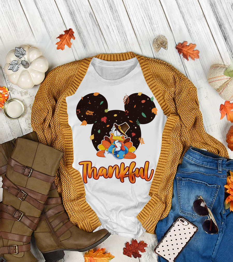 Thankful Donald Duck Mickey Ears Fall Leaves T-Shirt