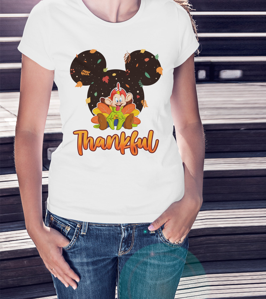 Thankful Dopey Thanksgiving Mickey Ears Fall Leaves T-Shirt