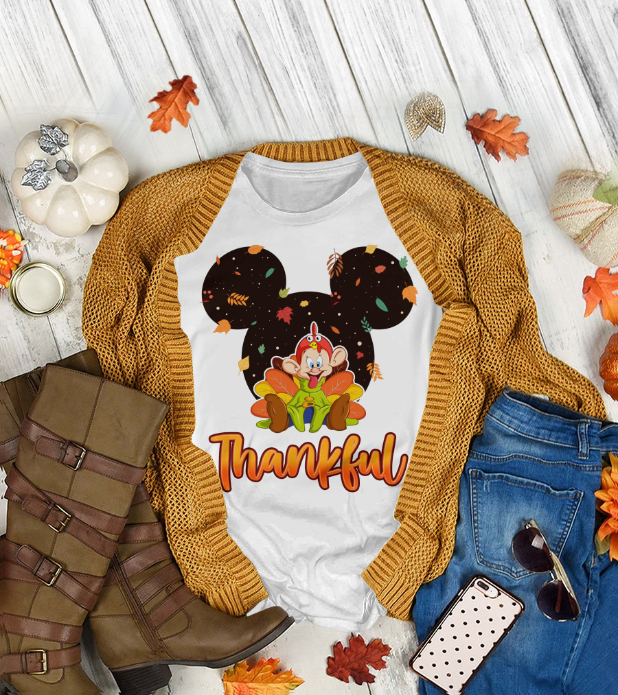Thankful Dopey Thanksgiving Mickey Ears Fall Leaves T-Shirt