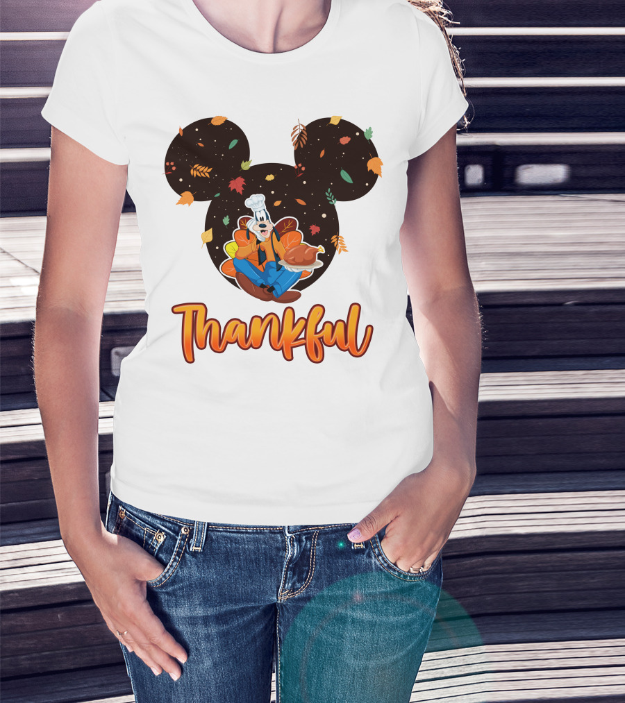 Thankful Goofy Chef With Turkey And Autumn Leaves Mickey Ears T-Shirt