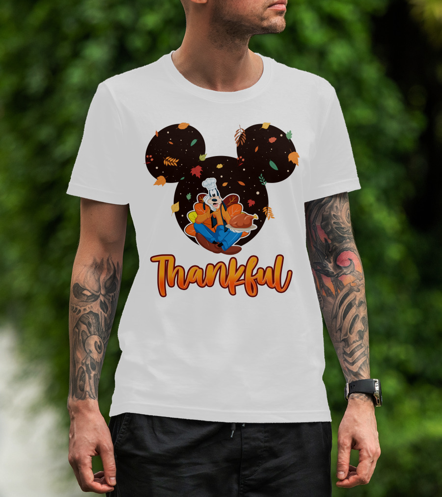 Thankful Goofy Chef With Turkey And Autumn Leaves Mickey Ears T-Shirt