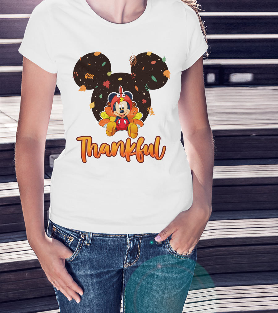 Thankful Mickey Mouse Thanksgiving Leaves T-Shirt
